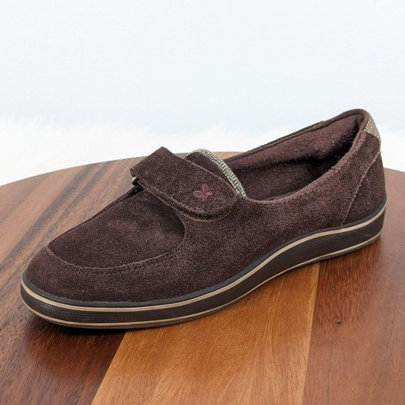 Grasshoppers Loafers 6 Chocolate Brown Suede Metallic Chevron Hook & Loop Close - Picture 1 of 13